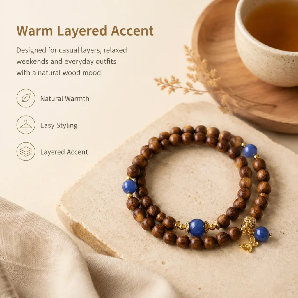 Golden Sandalwood Lapis Butterfly Double-Wrap Bracelet 5 golden sandalwood lapis butterfly double-wrap bracelet lifestyle still life image