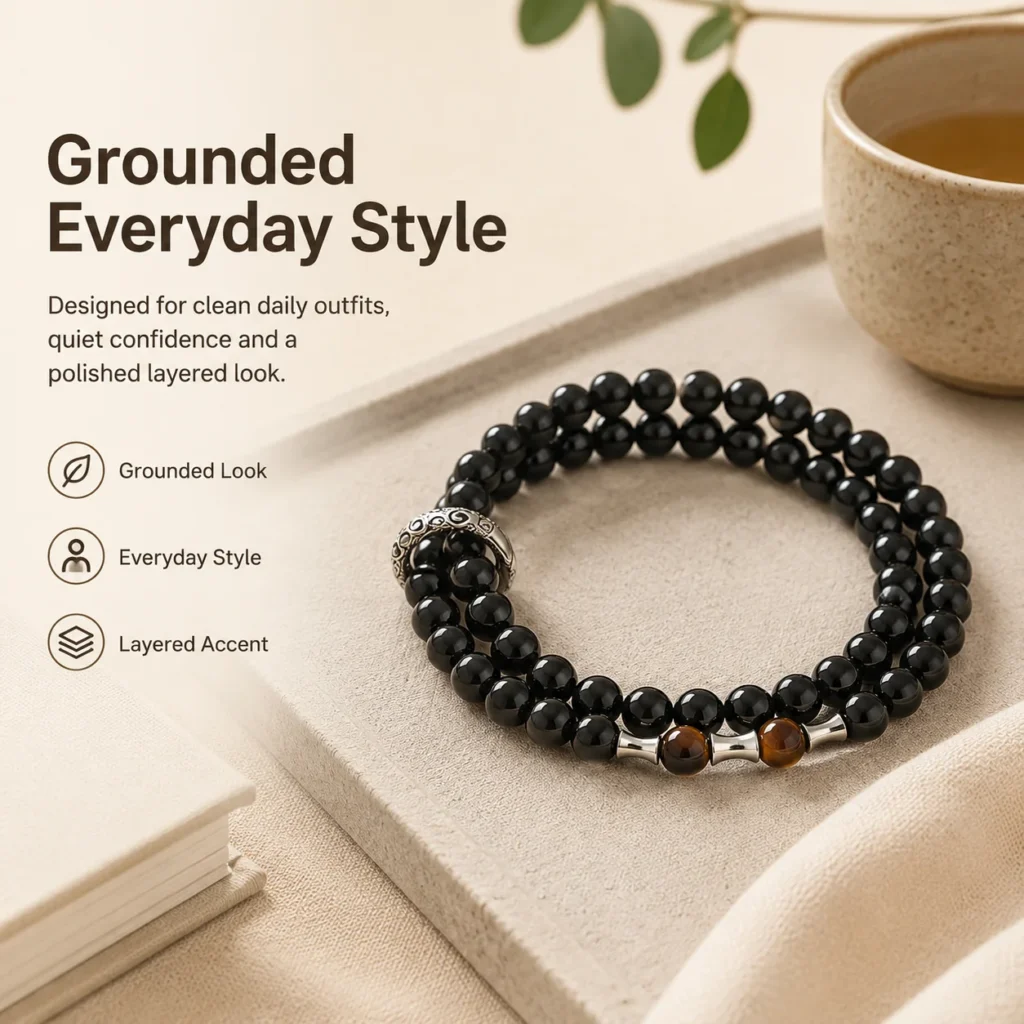 Black Obsidian Double-Wrap Bracelet 5 black obsidian double-wrap bracelet lifestyle still life image