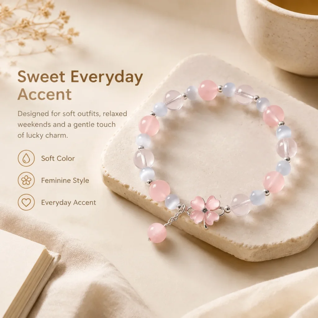 Translucent Rose Quartz Clover Bracelet 5 translucent rose quartz clover bracelet lifestyle still life image