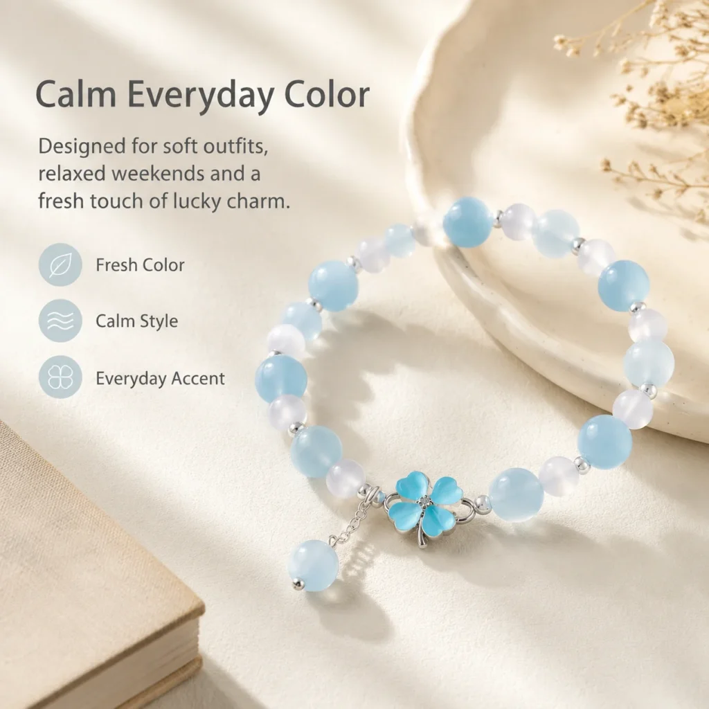 Blue Chalcedony Clover Bracelet 5 blue chalcedony clover bracelet lifestyle still life image