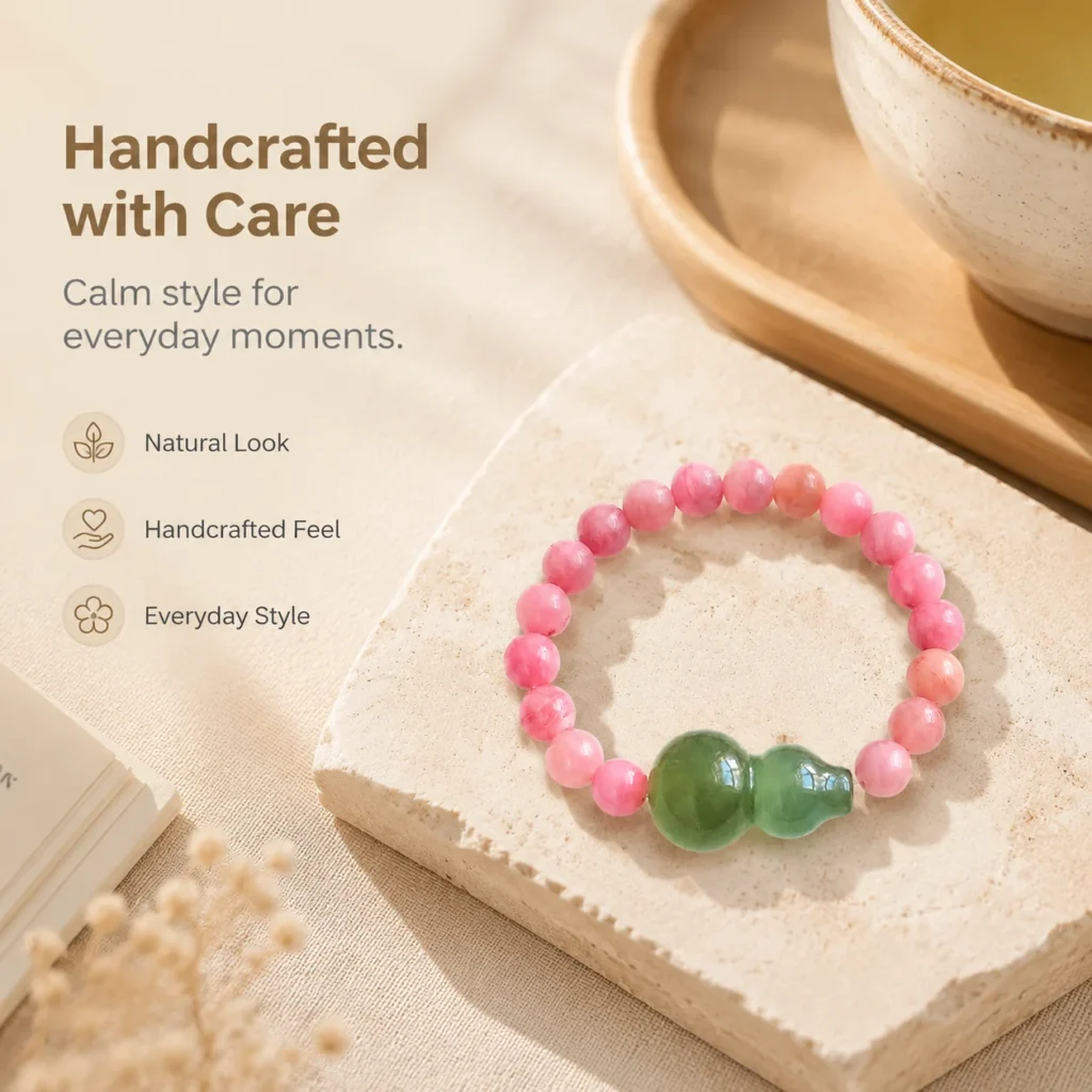 Rhodochrosite Jade Gourd Beaded Ring 5 rhodochrosite jade gourd beaded ring lifestyle still life image