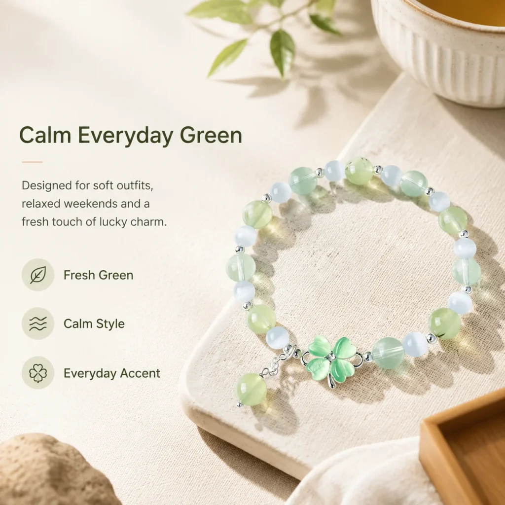 Prehnite Clover Bracelet 5 prehnite clover bracelet lifestyle still life image