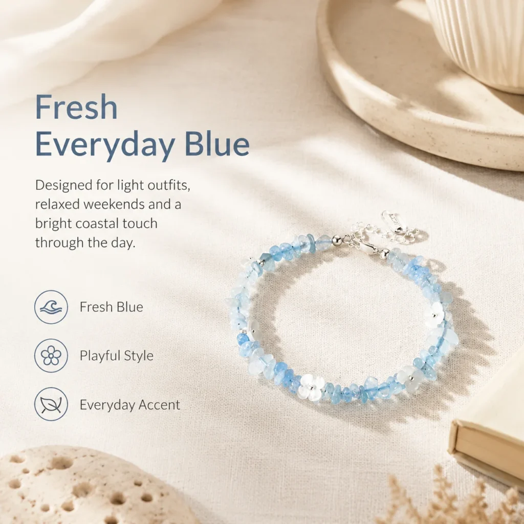 Aquamarine Shell Flower Bracelet 5 aquamarine shell flower bracelet lifestyle still life image
