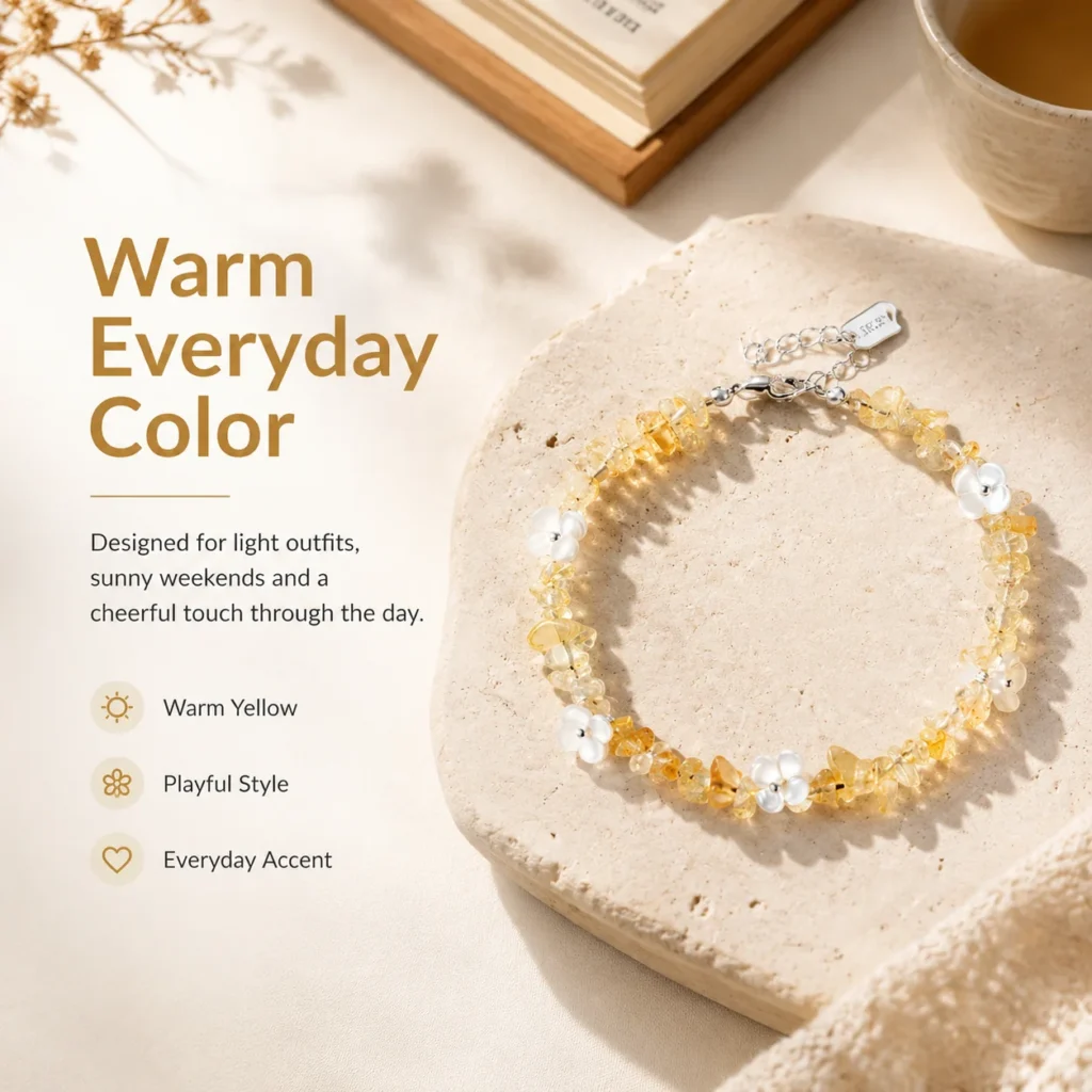 Yellow Citrine Shell Flower Bracelet 5 yellow citrine shell flower bracelet lifestyle still life image