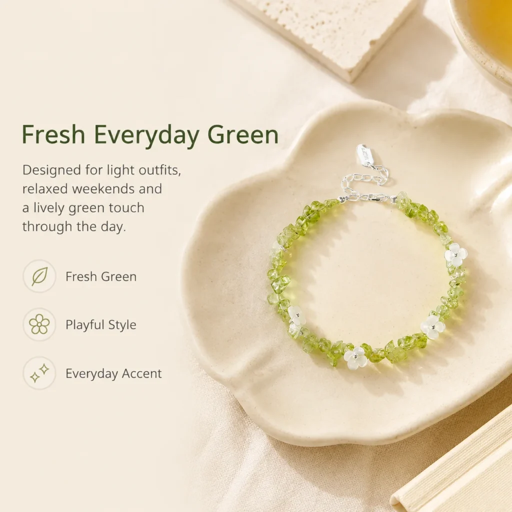 Peridot Shell Flower Bracelet 5 peridot shell flower bracelet lifestyle still life image