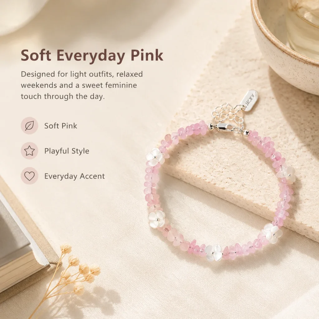 Rose Quartz Shell Flower Bracelet 5 rose quartz shell flower bracelet lifestyle still life image