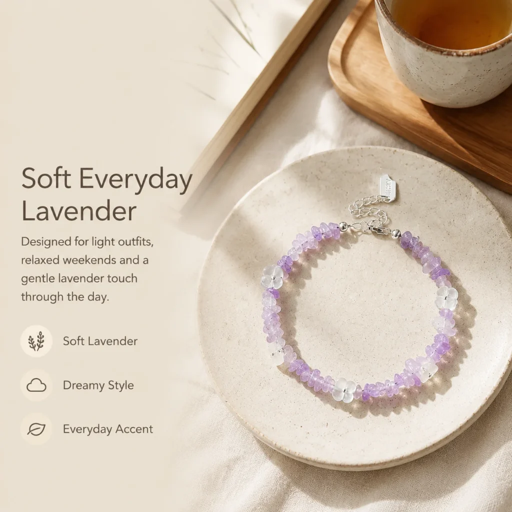 Lavender Amethyst Shell Flower Bracelet 5 lavender amethyst shell flower bracelet lifestyle still life image
