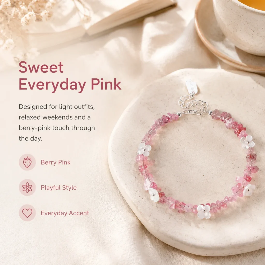 Strawberry Quartz Shell Flower Bracelet 5 strawberry quartz shell flower bracelet lifestyle still life image