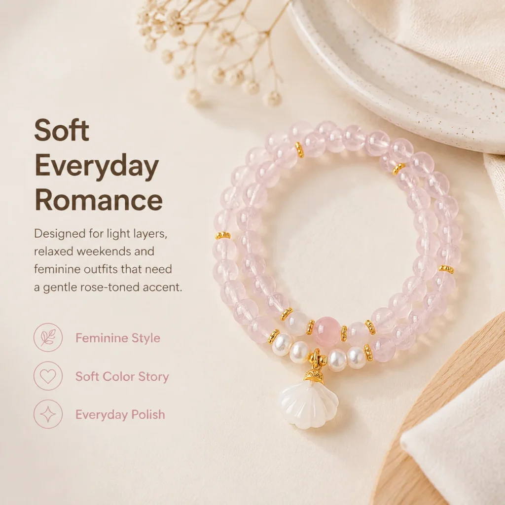 Rose Quartz Agate Shell Double-Wrap Bracelet 5 rose quartz agate shell double-wrap bracelet lifestyle still life image