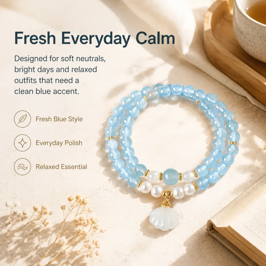 Blue Chalcedony Pearl Agate Shell Double-Wrap Bracelet 5 blue chalcedony pearl agate shell double-wrap bracelet lifestyle still life image