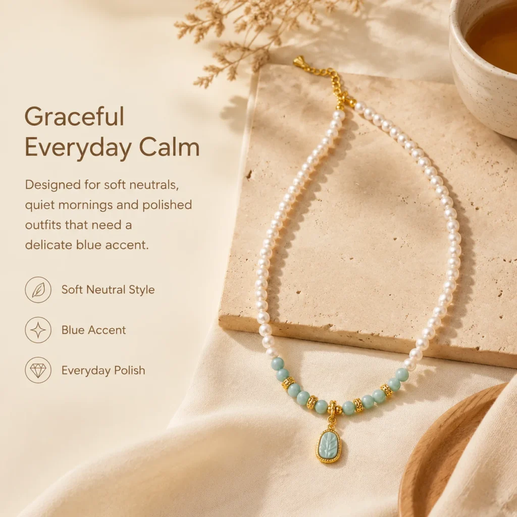 Freshwater Pearl Blue Jade Leaf Necklace 5 freshwater pearl blue jade leaf necklace lifestyle still life image