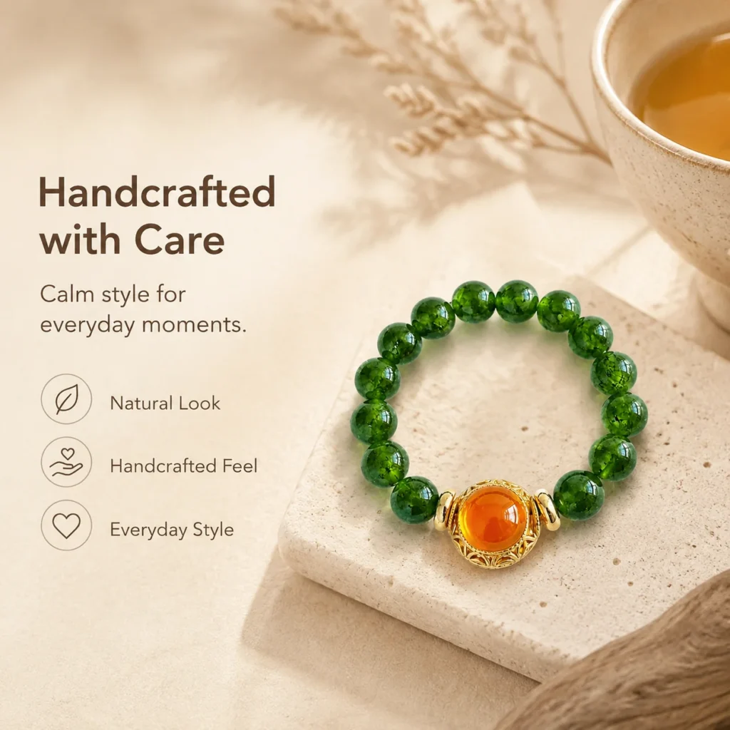 green chalcedony beaded ring lifestyle still life image
