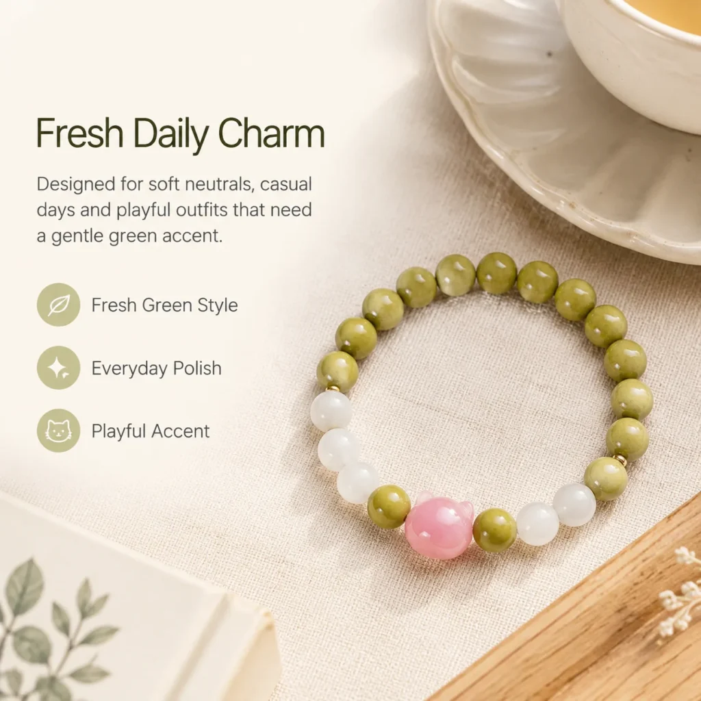 Avocado Alashan Cat Beaded Bracelet 5 avocado alashan cat beaded bracelet lifestyle still life image
