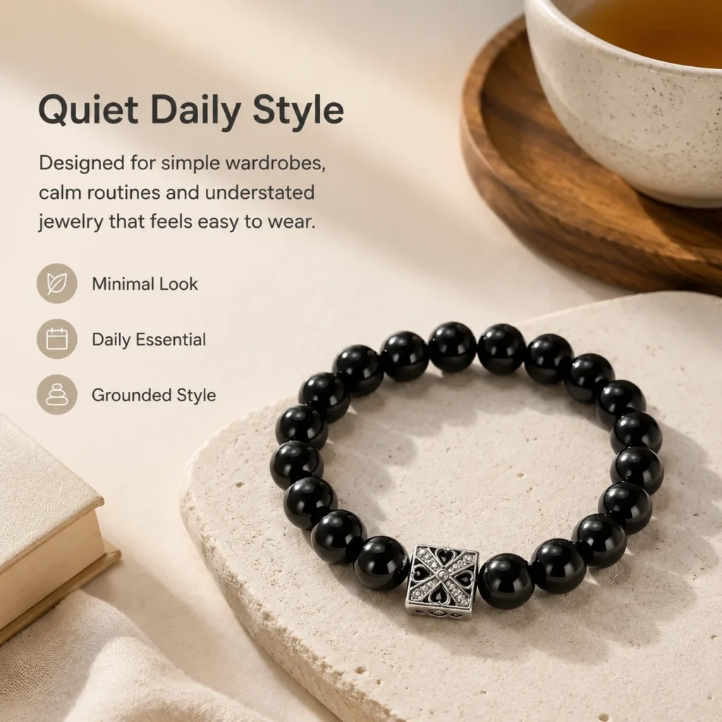 Black Obsidian Beaded Bracelet 5 black obsidian beaded bracelet lifestyle still life image