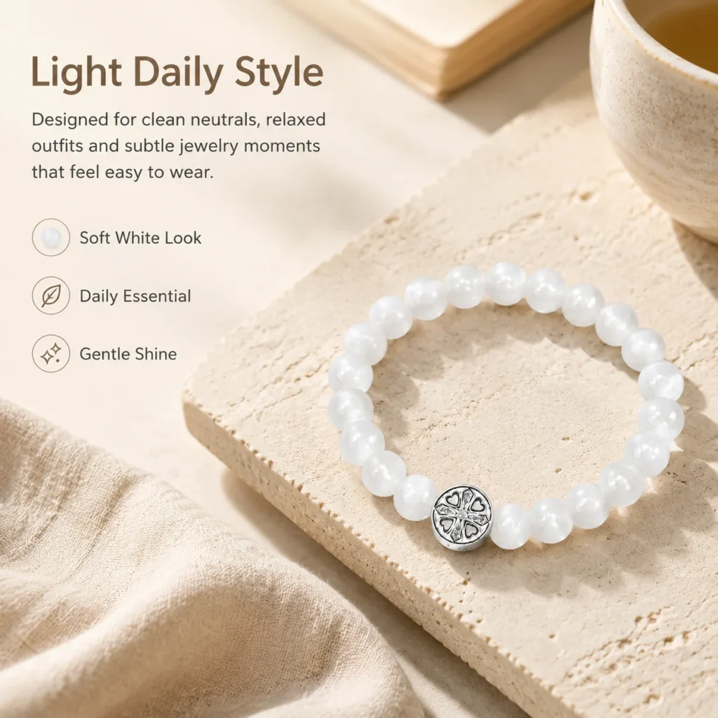 White Cat Eye Stone Beaded Bracelet 5 white cat eye stone beaded bracelet lifestyle still life image
