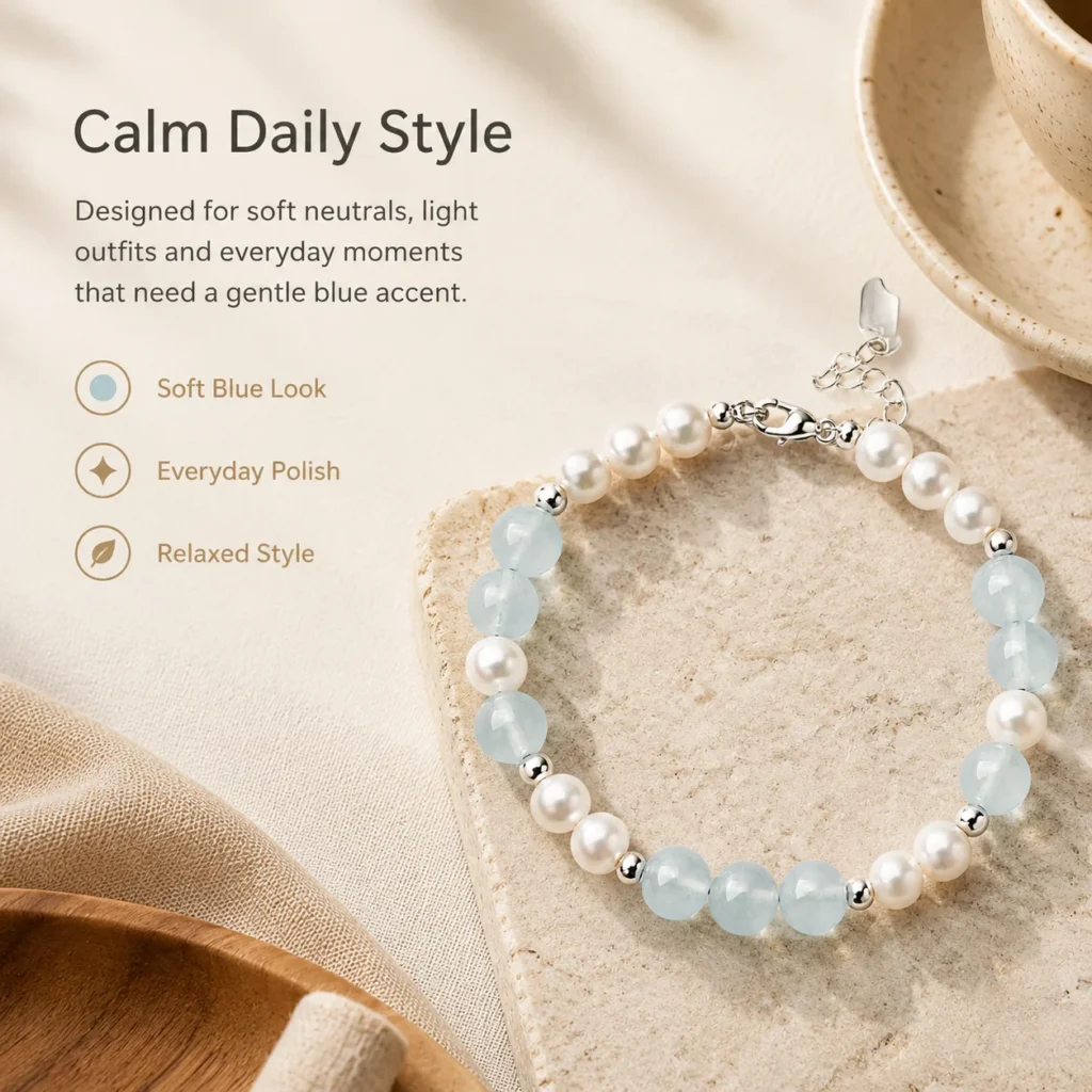 Blue Chalcedony Pearl Beaded Bracelet 5 blue chalcedony pearl beaded bracelet lifestyle still life image