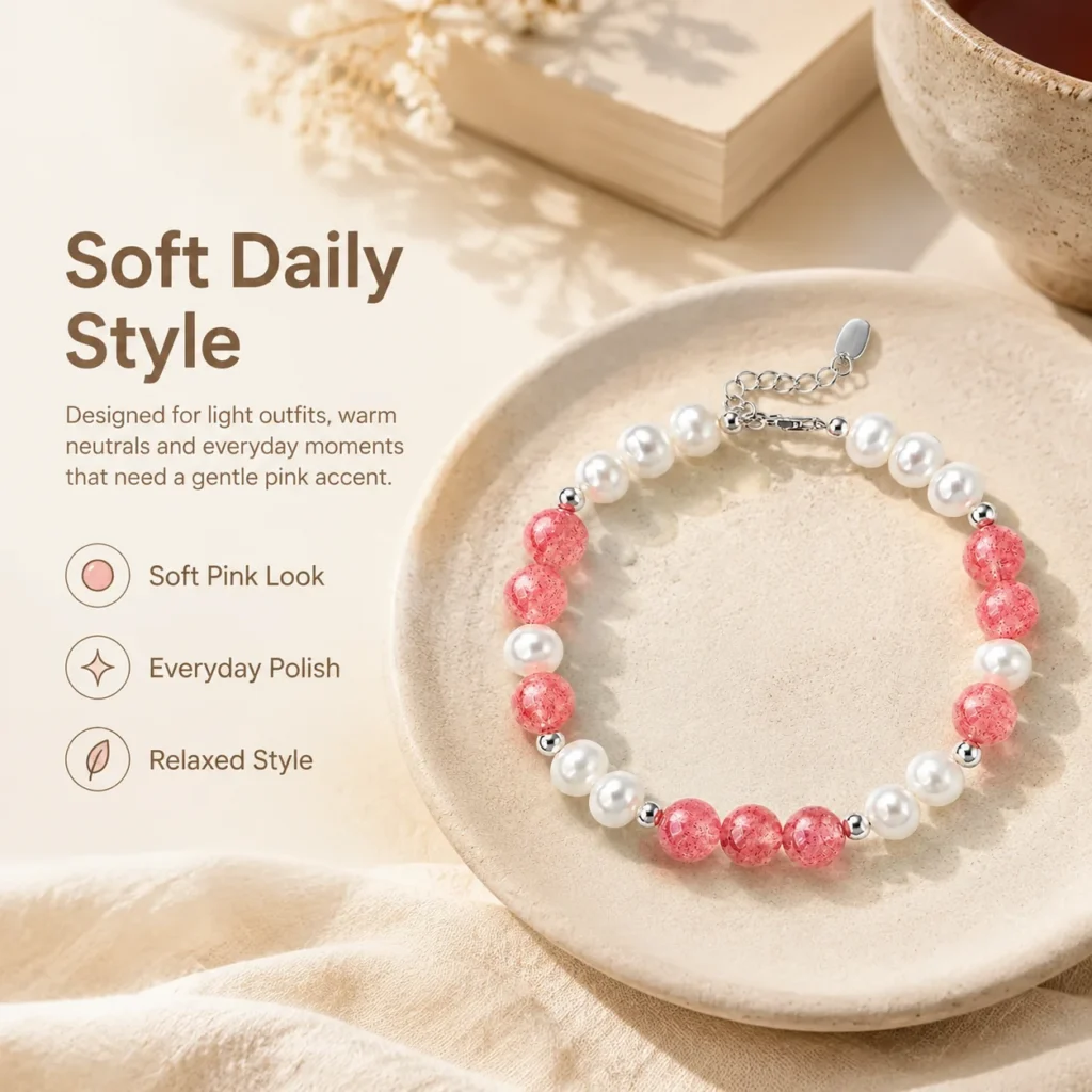 Strawberry Quartz Pearl Beaded Bracelet 5 strawberry quartz pearl beaded bracelet lifestyle still life image