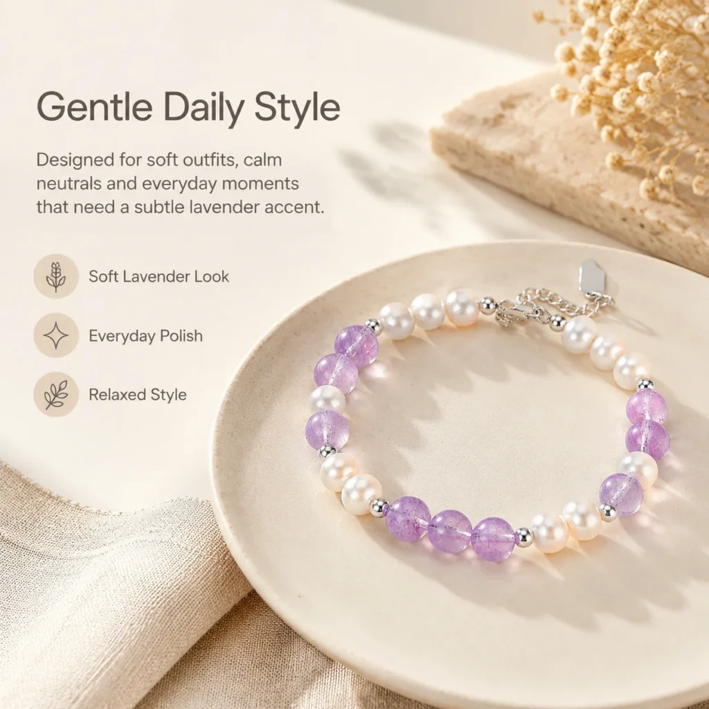 Lavender Amethyst Pearl Beaded Bracelet 5 lavender amethyst pearl beaded bracelet lifestyle still life image