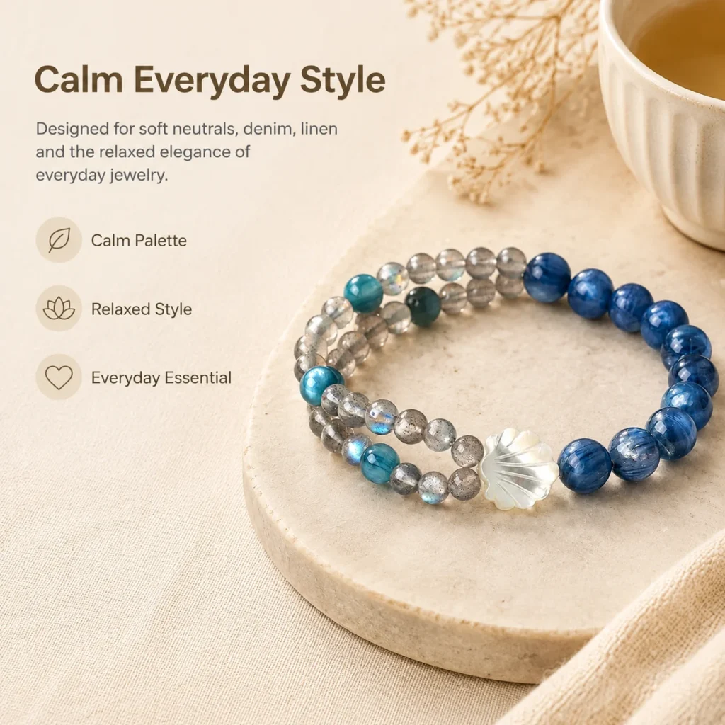 Gray Moonstone Kyanite Beaded Bracelet 5 gray moonstone kyanite beaded bracelet lifestyle still life image