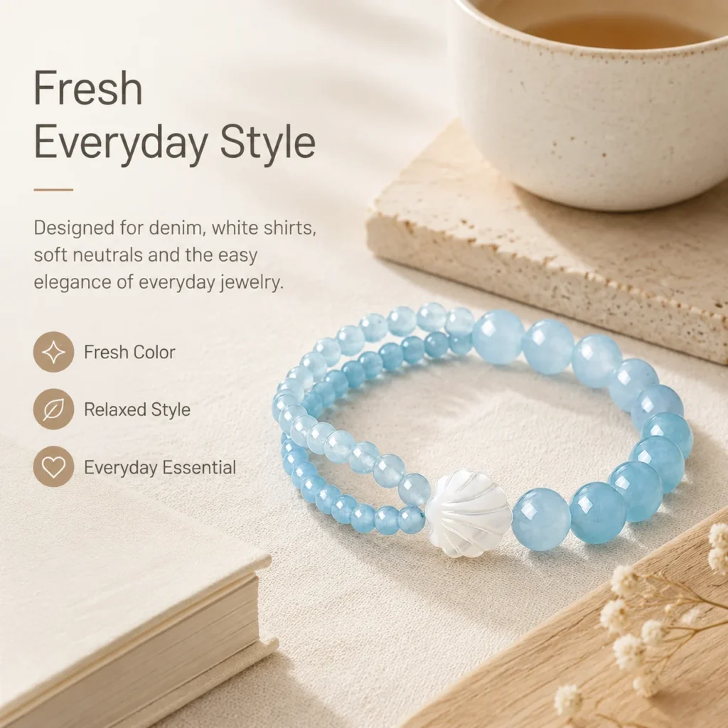Blue Chalcedony Beaded Bracelet 5 blue chalcedony beaded bracelet lifestyle still life image