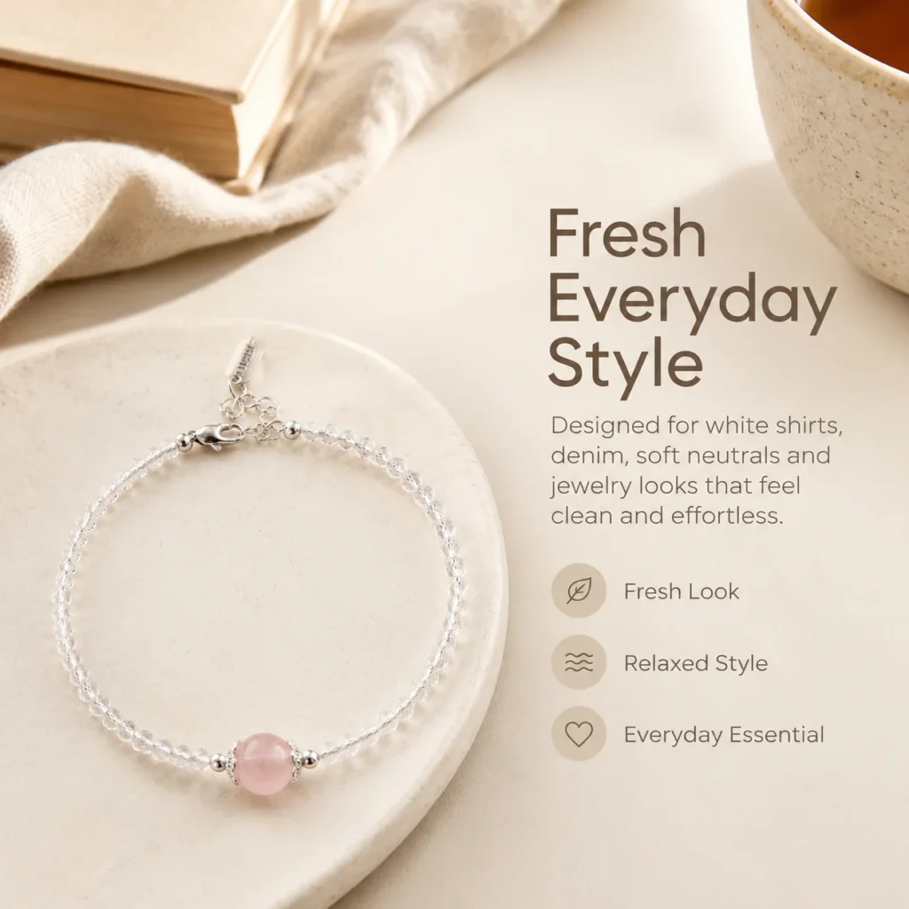 Clear Quartz Beaded Bracelet 5 clear quartz beaded bracelet lifestyle still life image