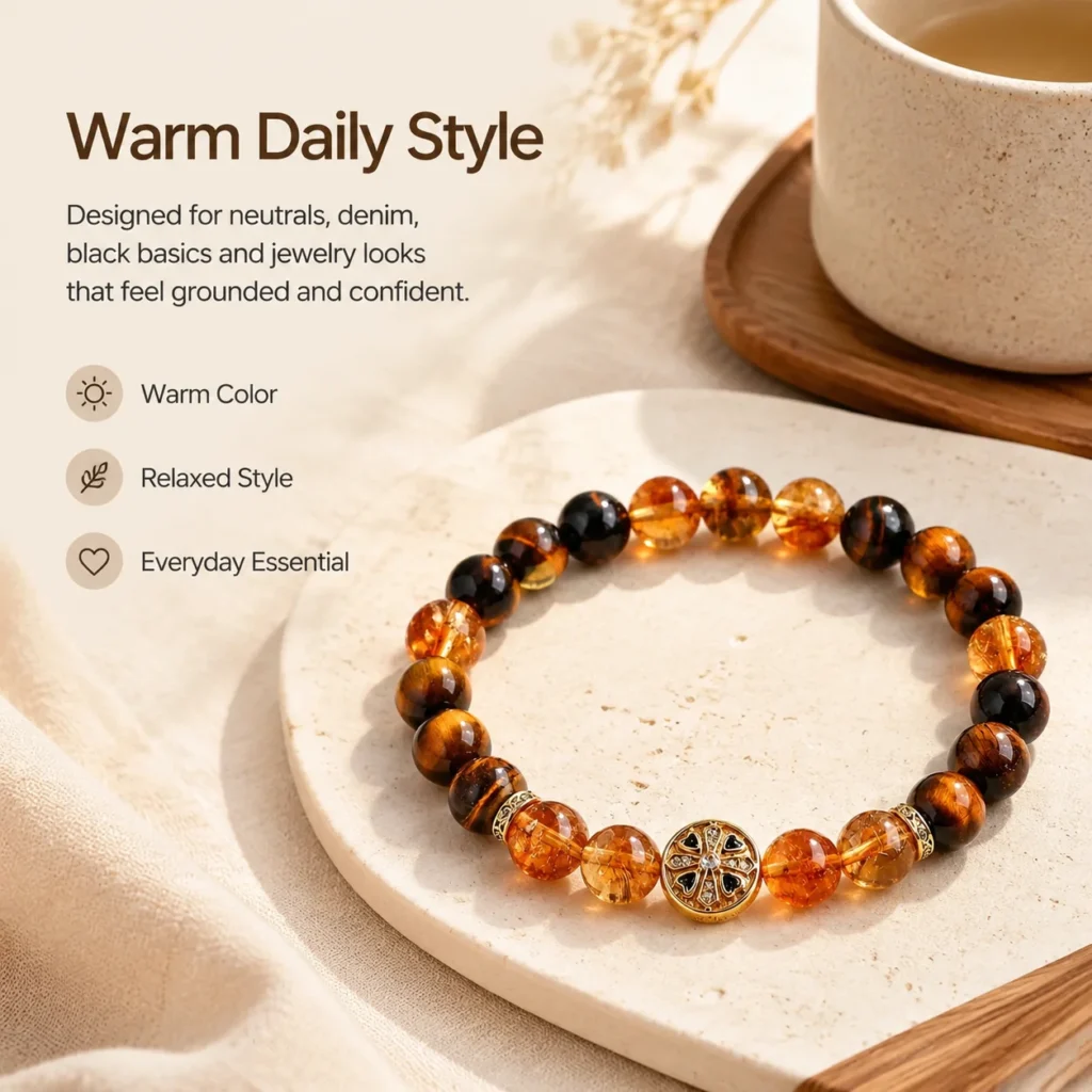 Golden Crystal Tiger Eye Beaded Bracelet 5 golden crystal tiger eye beaded bracelet lifestyle still life image