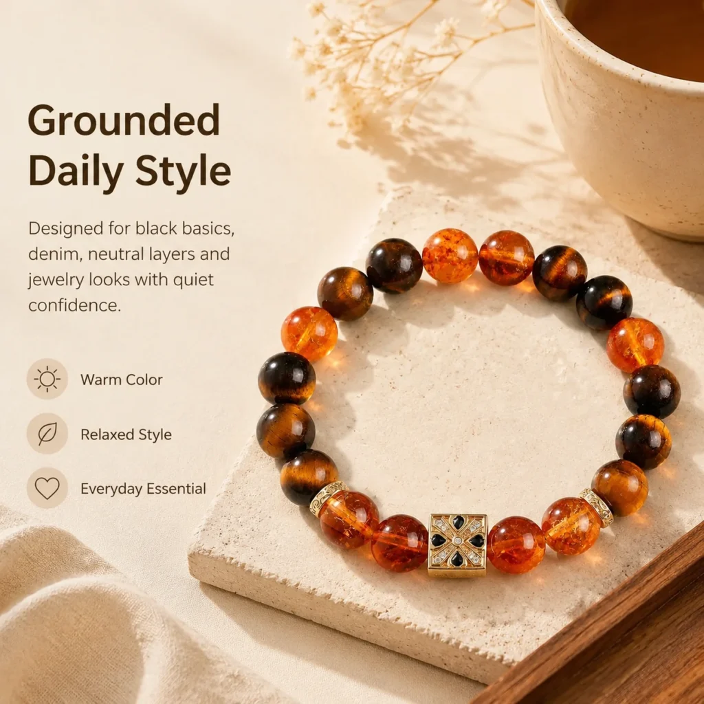 Golden Crystal Tiger Eye Accent Beaded Bracelet 5 golden crystal tiger eye accent beaded bracelet lifestyle still life image