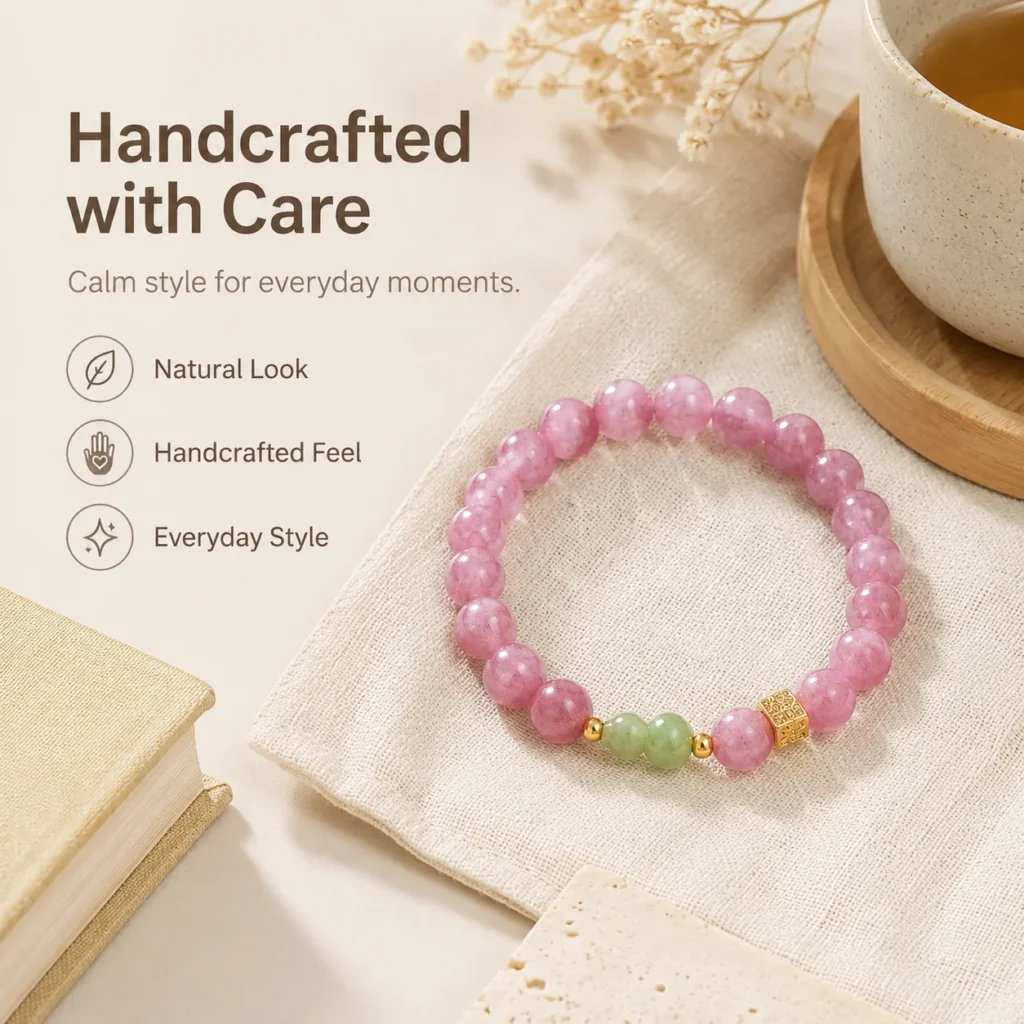 Purple Rose Quartz Beaded Bracelet 5 purple rose quartz beaded bracelet lifestyle still life image