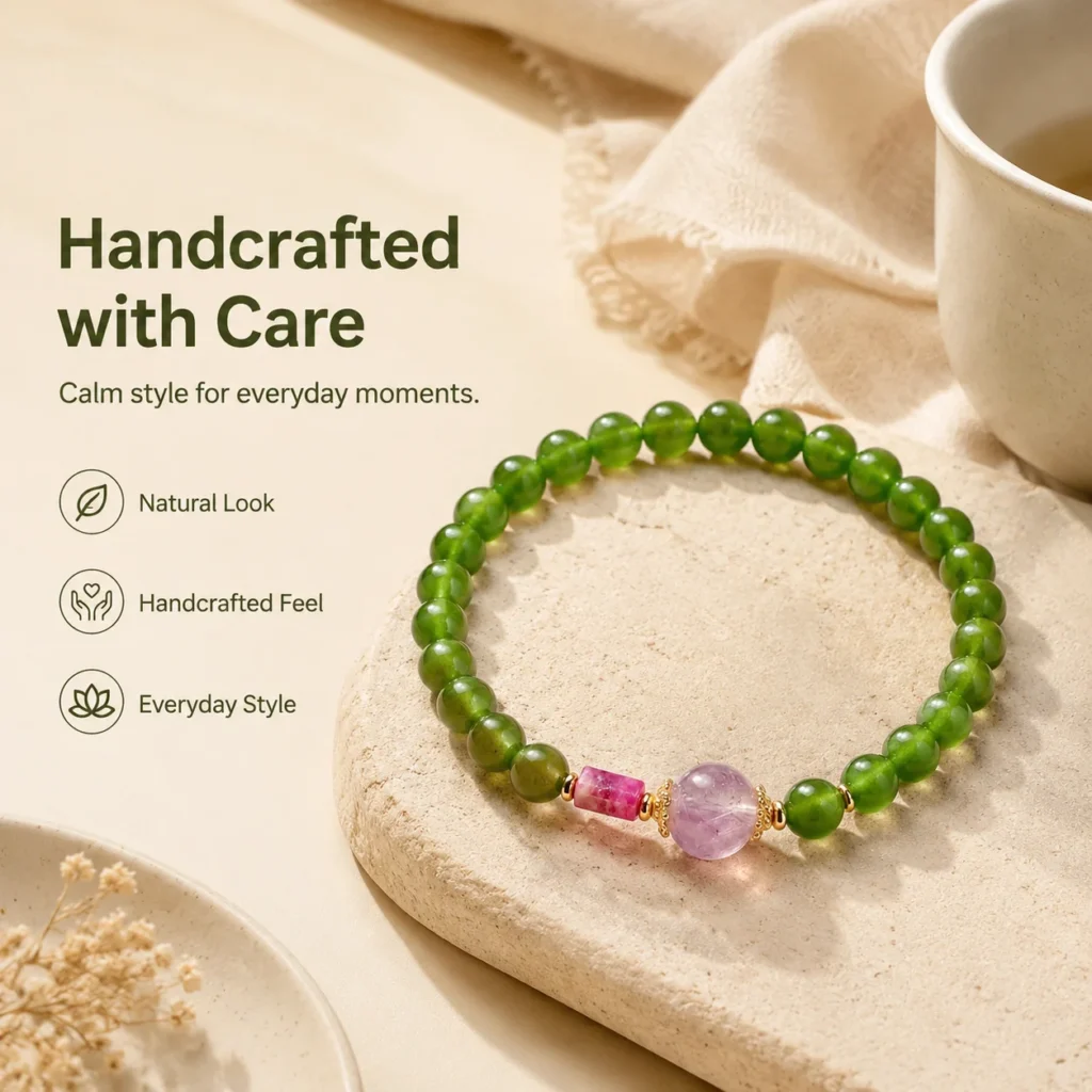 Green Chalcedony Beaded Bracelet 5 green chalcedony beaded bracelet lifestyle still life image