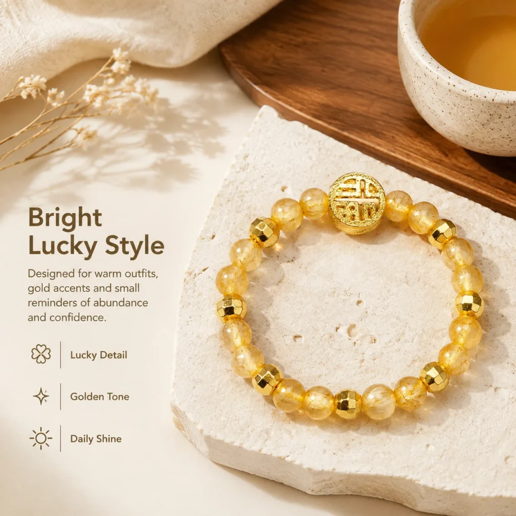 golden rutilated quartz fortune coin beaded ring lifestyle still life image