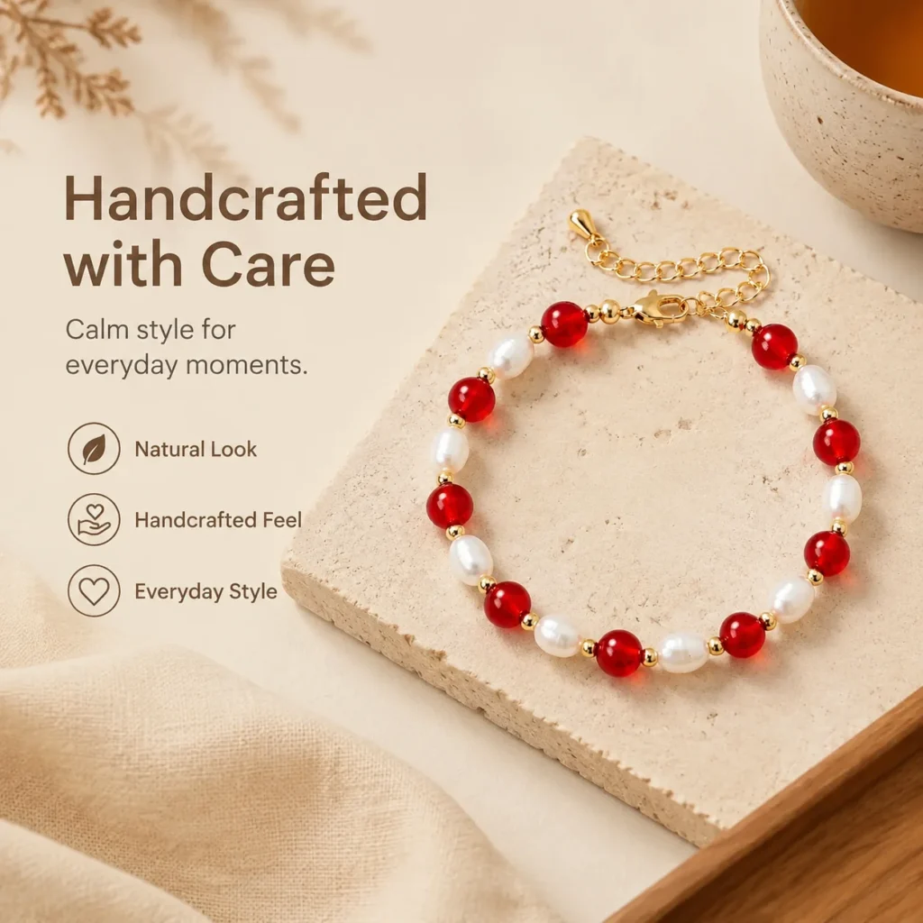 Red Agate Pearl Beaded Bracelet 5 red agate pearl beaded bracelet lifestyle still life image
