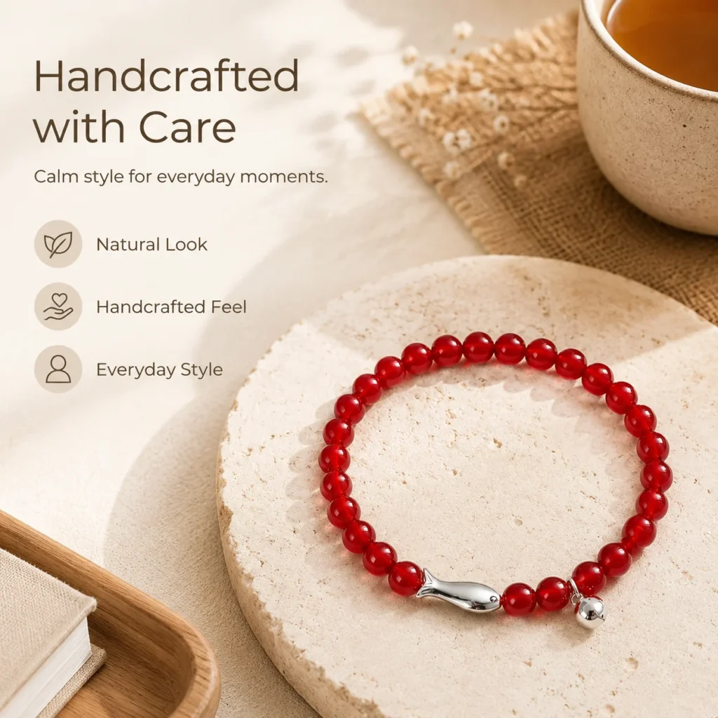 Red Agate Fish Beaded Bracelet 5 red agate fish beaded bracelet lifestyle still life image
