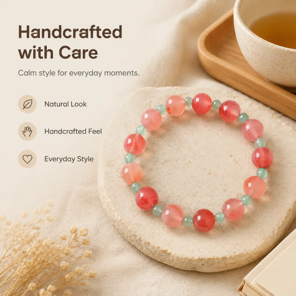 Pink Agate Beaded Bracelet - Green Aventurine Accent 5 pink agate beaded bracelet green aventurine lifestyle still life image