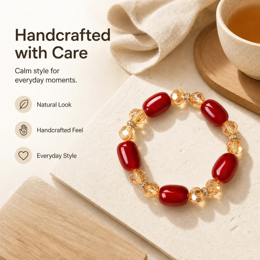 Red Agate Beaded Bracelet - Faceted Crystal Accent 5 red agate beaded bracelet faceted crystal lifestyle still life image
