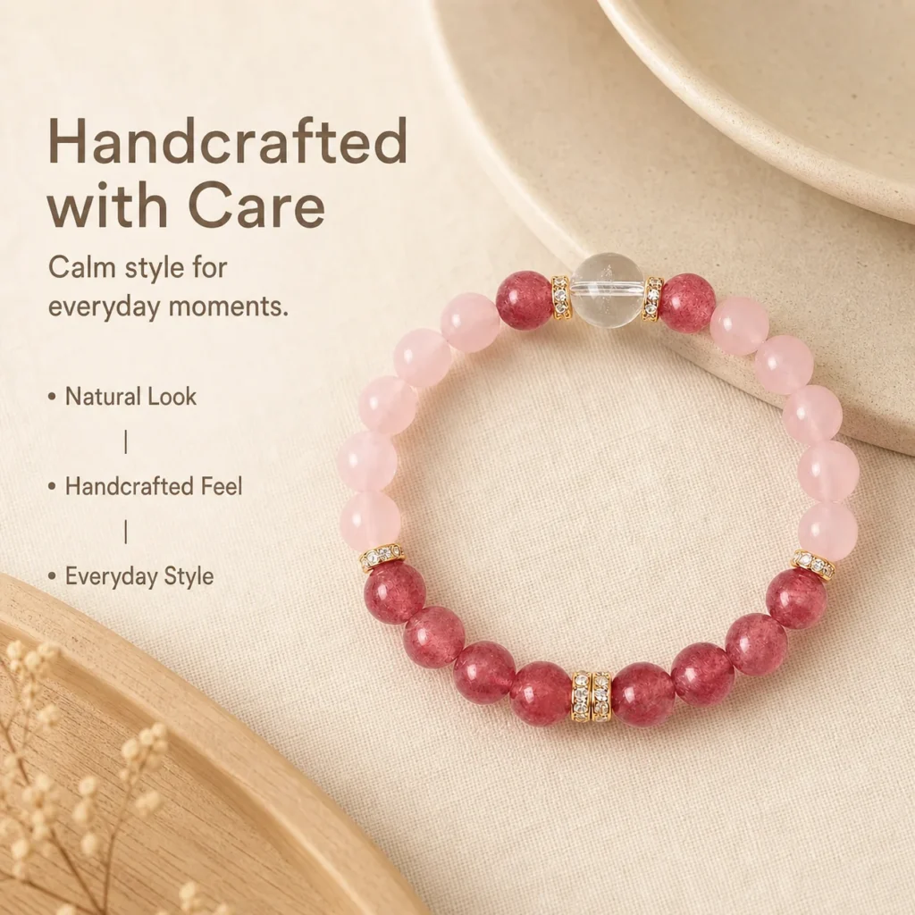 Pink Quartz & Strawberry Quartz Bracelet 5 pink quartz strawberry quartz bracelet lifestyle still life image