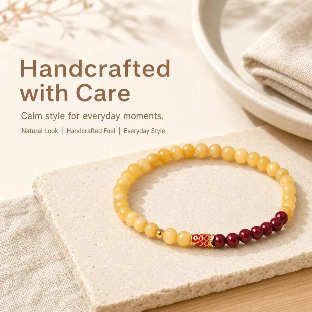 yellow jade cinnabar koi bracelet lifestyle still life image
