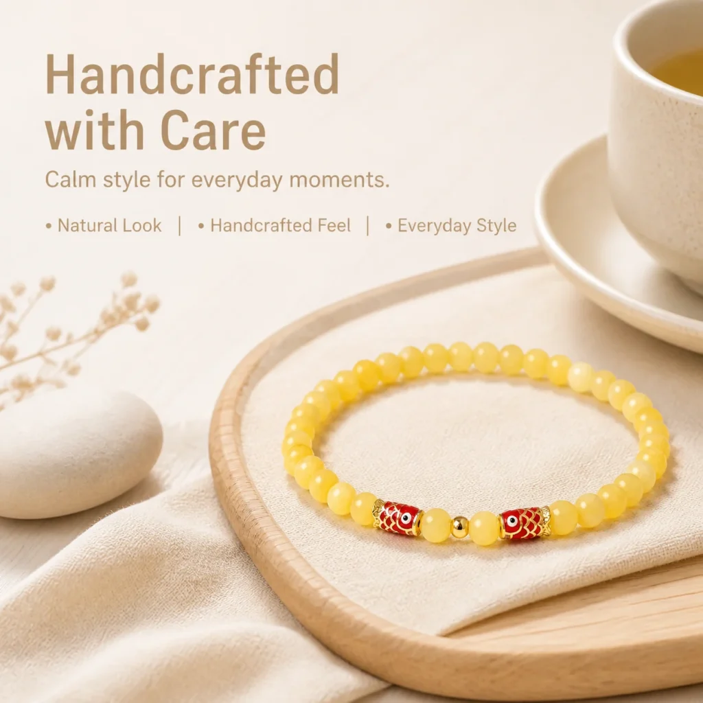 yellow jade koi beaded bracelet lifestyle still life image