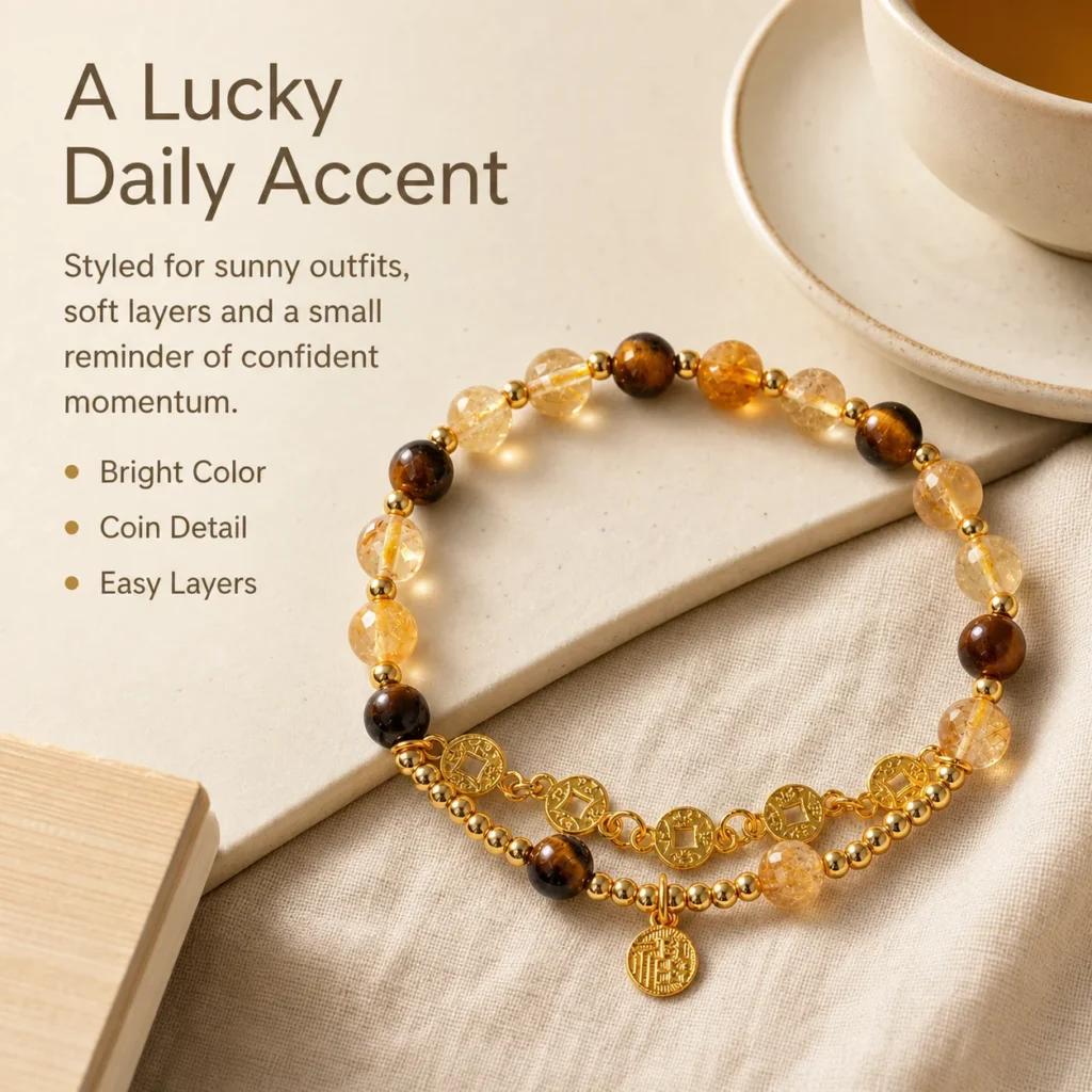 Yellow Tower Crystal Coin Luck Bracelet 5 yellow tower crystal coin luck bracelet lifestyle still life image
