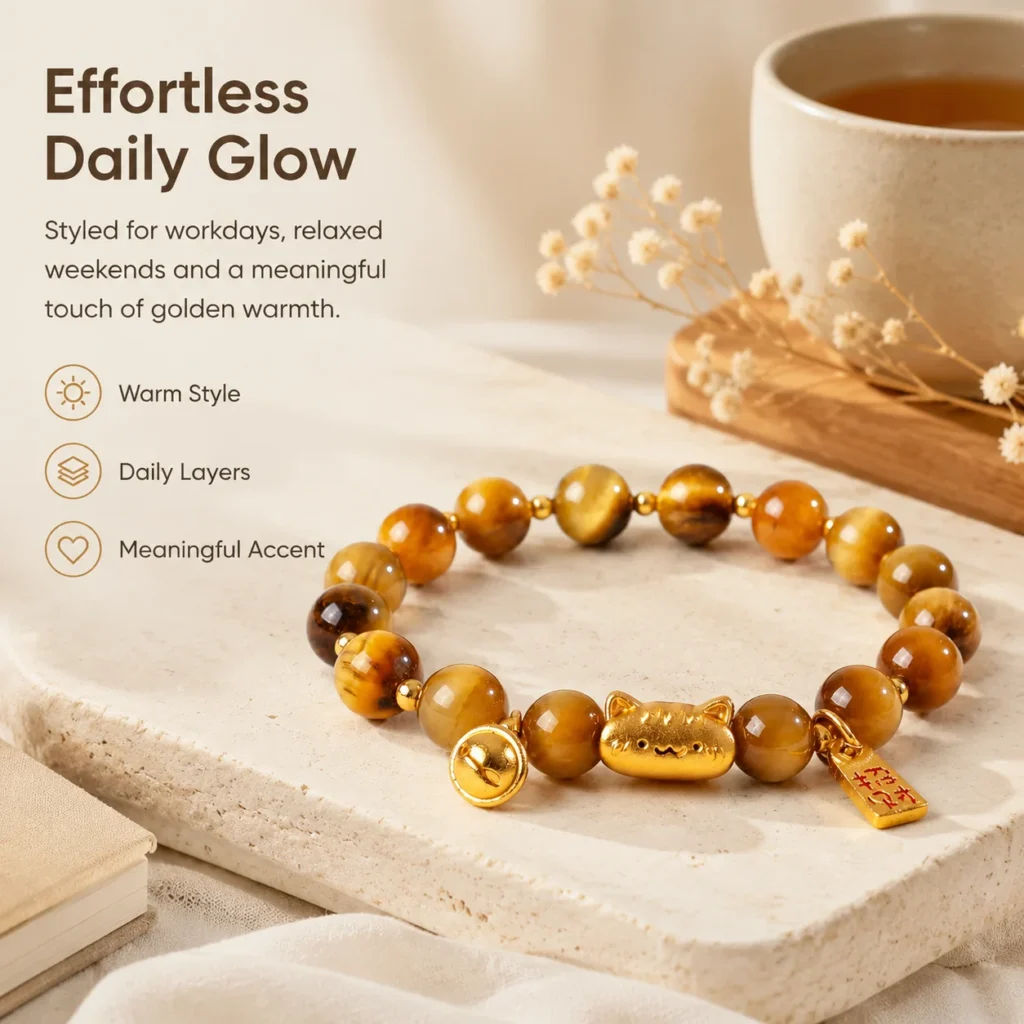 golden tiger eye lucky cat bracelet lifestyle still life image