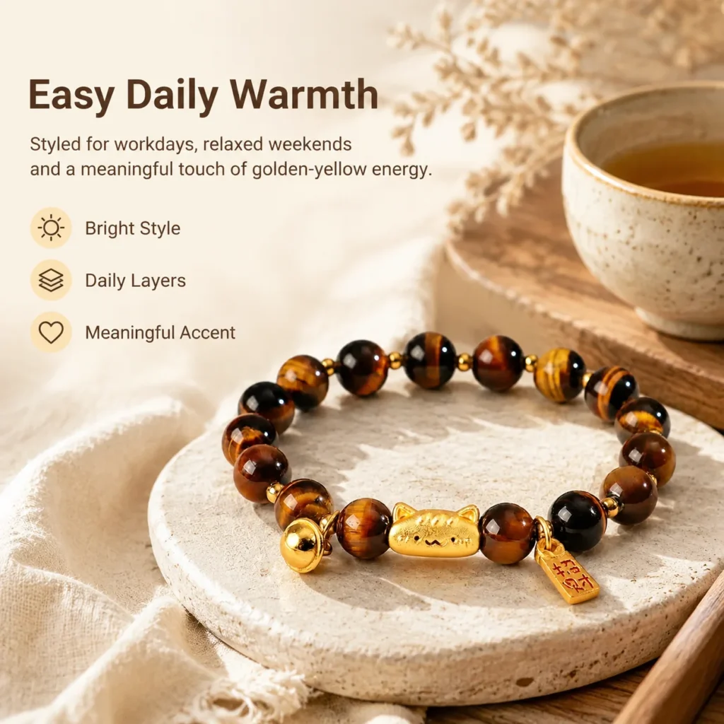 Yellow Tiger Eye Lucky Cat Bracelet 5 yellow tiger eye lucky cat bracelet lifestyle still life image