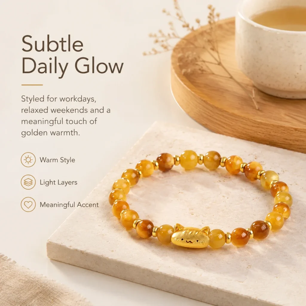 Petite Golden Tiger Eye Lucky Cat Bracelet 5 petite golden tiger eye lucky cat bracelet lifestyle still life image