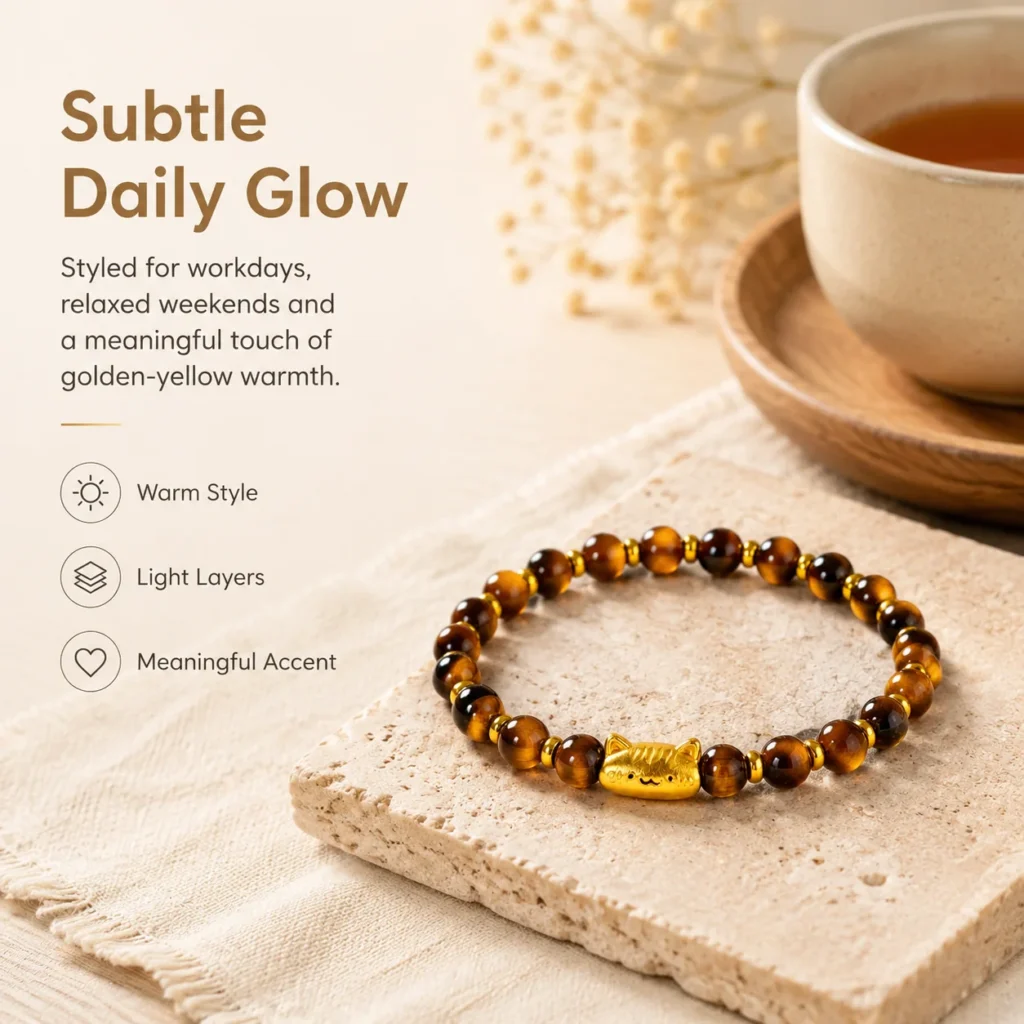 Petite Yellow Tiger Eye Lucky Cat Bracelet 5 petite yellow tiger eye lucky cat bracelet lifestyle still life image