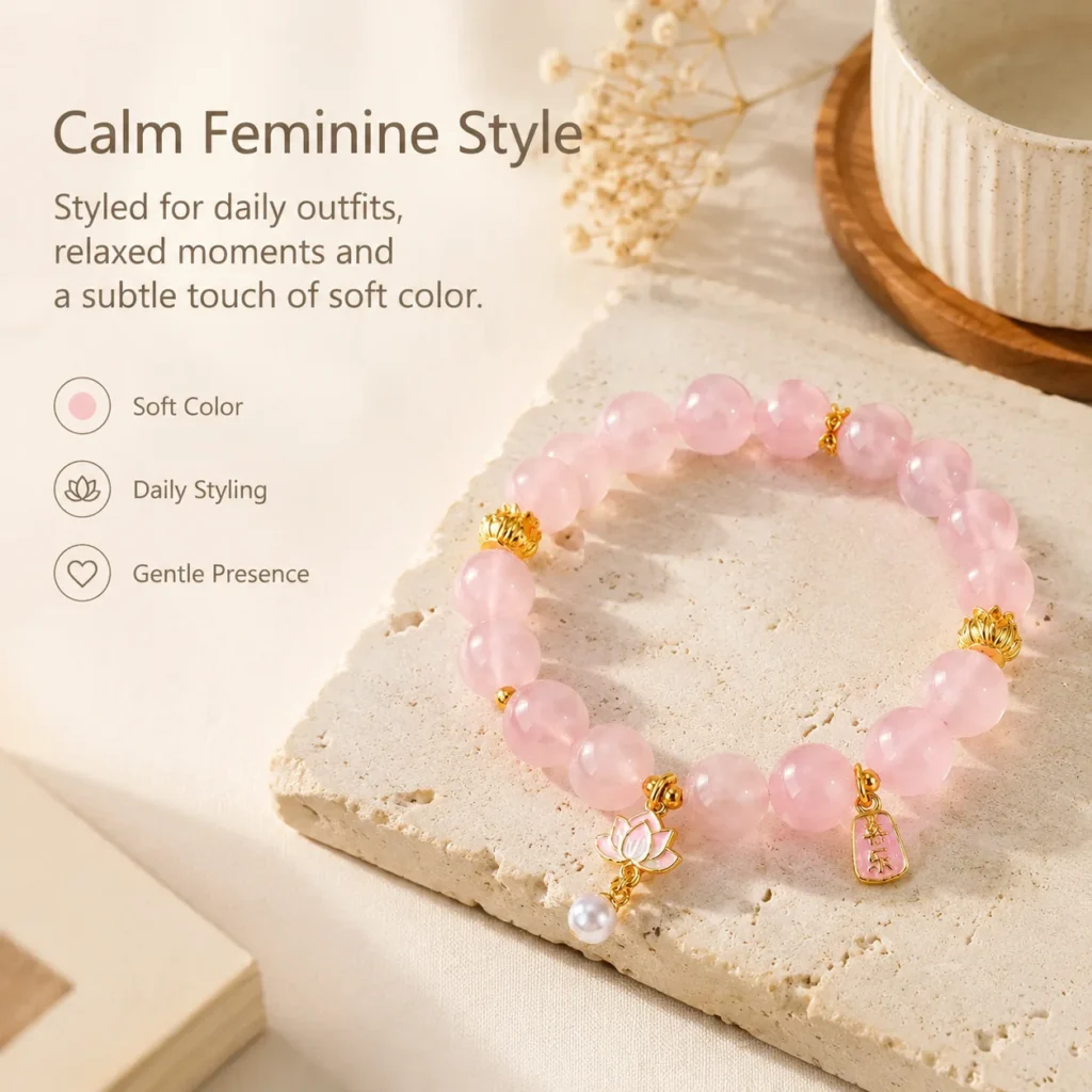 Classic Madagascar Rose Quartz Beaded Bracelet 5 classic madagascar rose quartz beaded bracelet lifestyle still life image