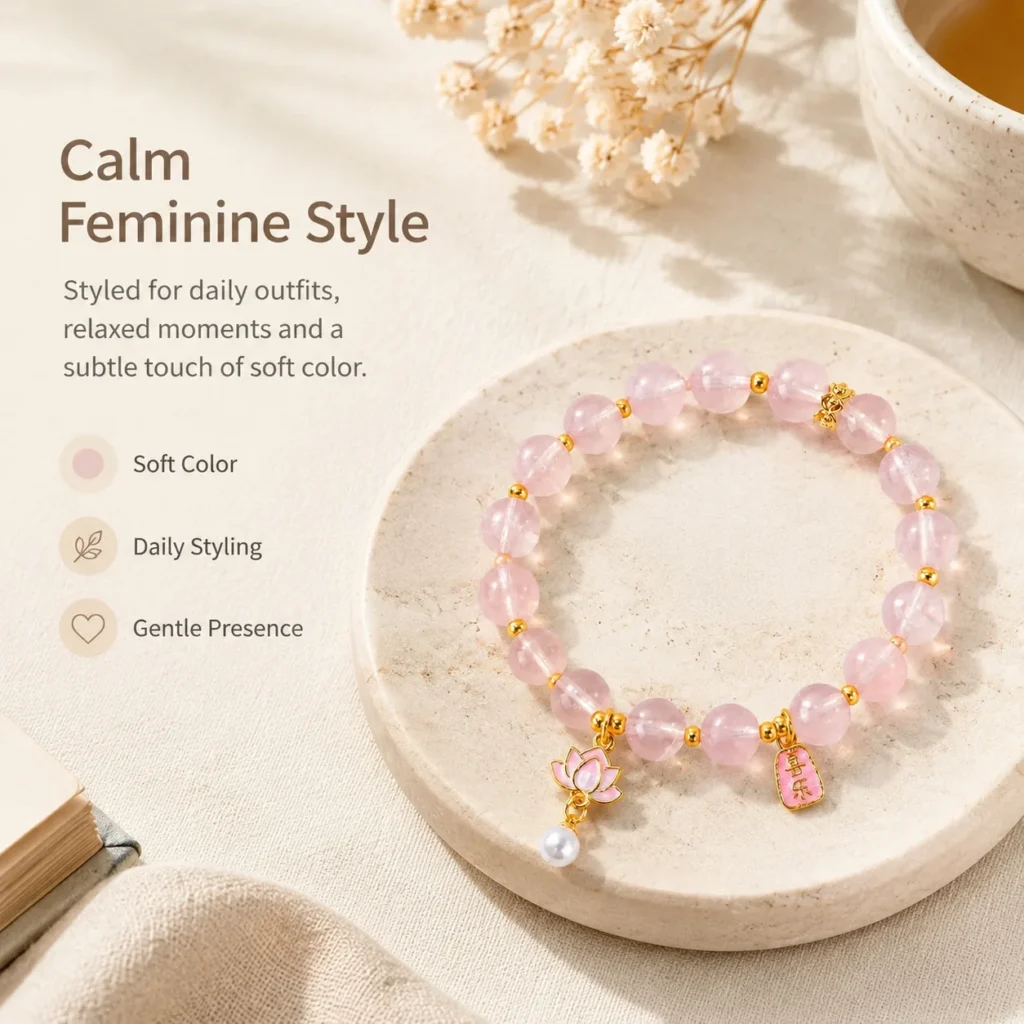 Petite Madagascar Rose Quartz Beaded Bracelet 5 petite madagascar rose quartz beaded bracelet lifestyle still life image