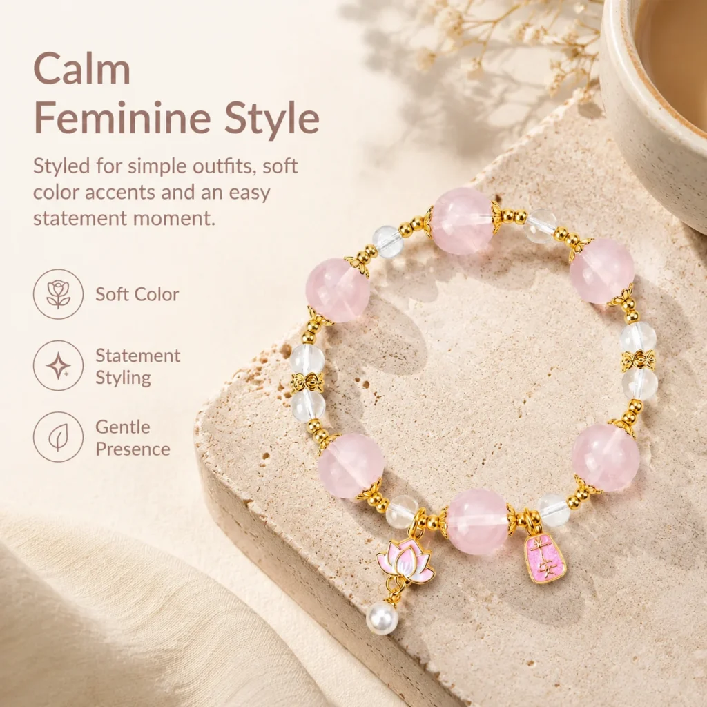 Statement Madagascar Rose Quartz Beaded Bracelet 5 statement madagascar rose quartz beaded bracelet lifestyle still life image