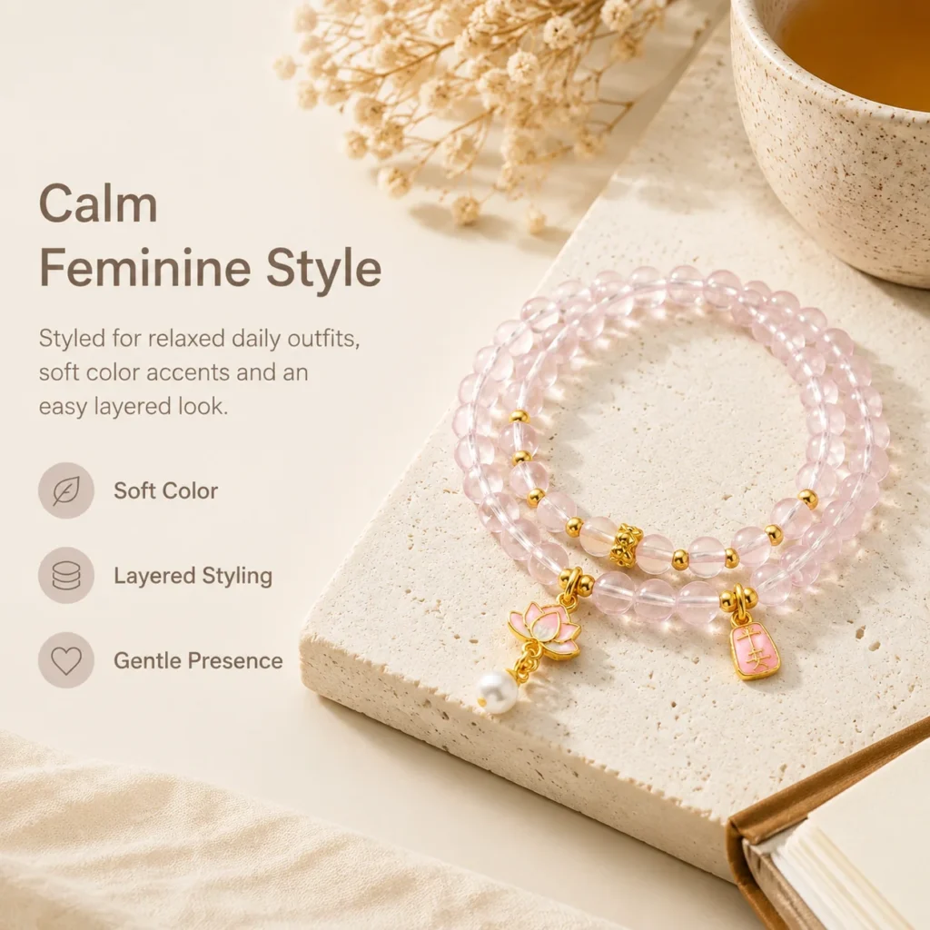 Madagascar Rose Quartz Double-Wrap Bracelet 5 madagascar rose quartz double-wrap bracelet lifestyle still life image