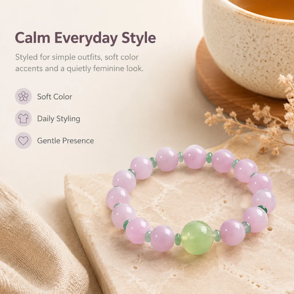 Purple Kunzite Beaded Bracelet 5 purple kunzite beaded bracelet lifestyle still life image