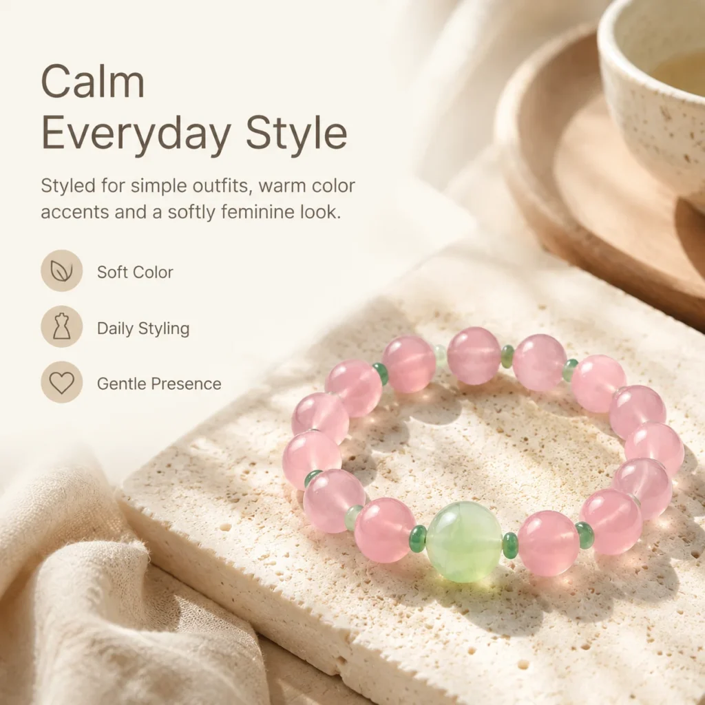 Blush Madagascar Rose Quartz Beaded Bracelet 5 blush madagascar rose quartz beaded bracelet lifestyle still life image