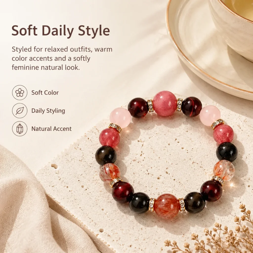 rose quartz super seven multi-stone bracelet lifestyle still life image