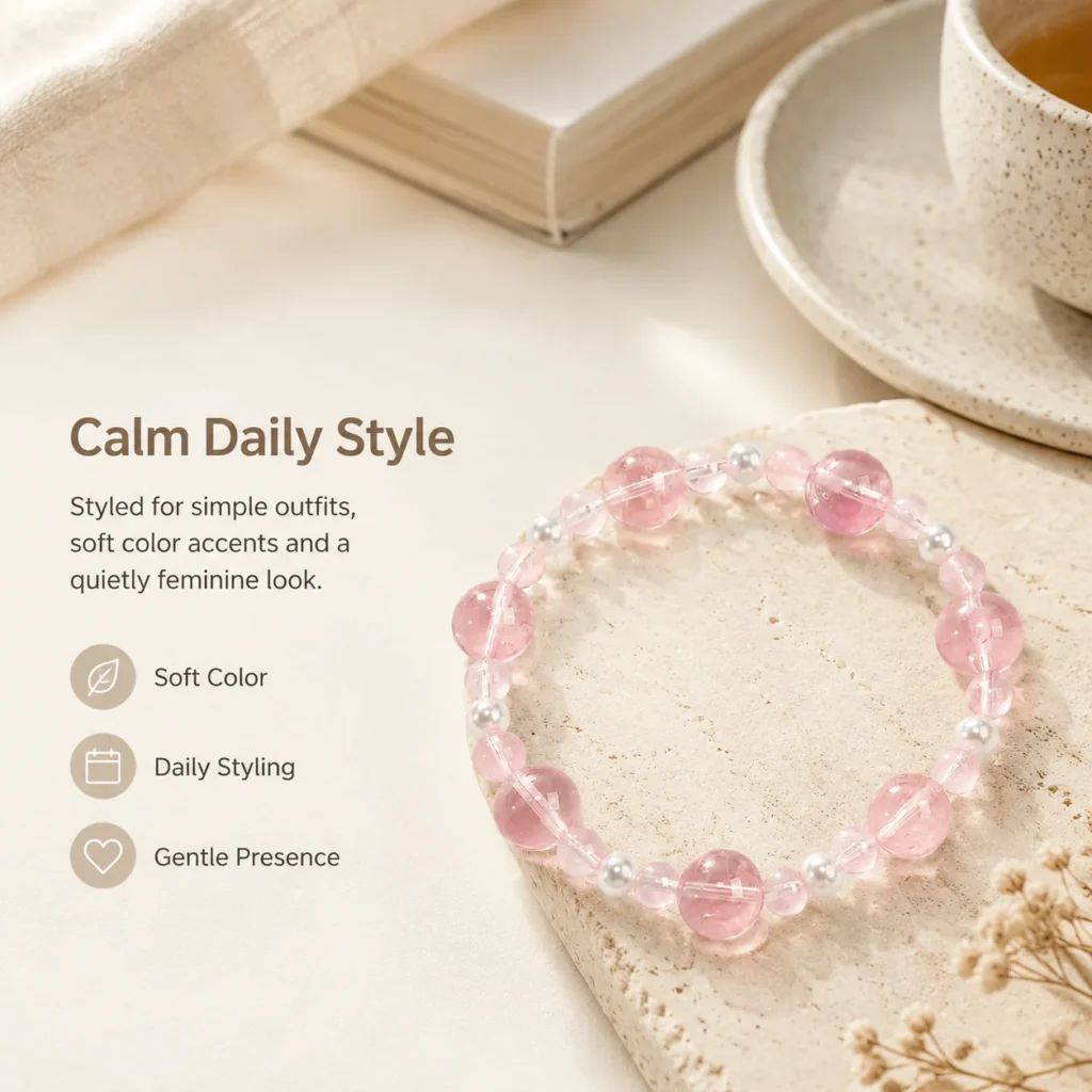 petite rose quartz beaded bracelet lifestyle still life image
